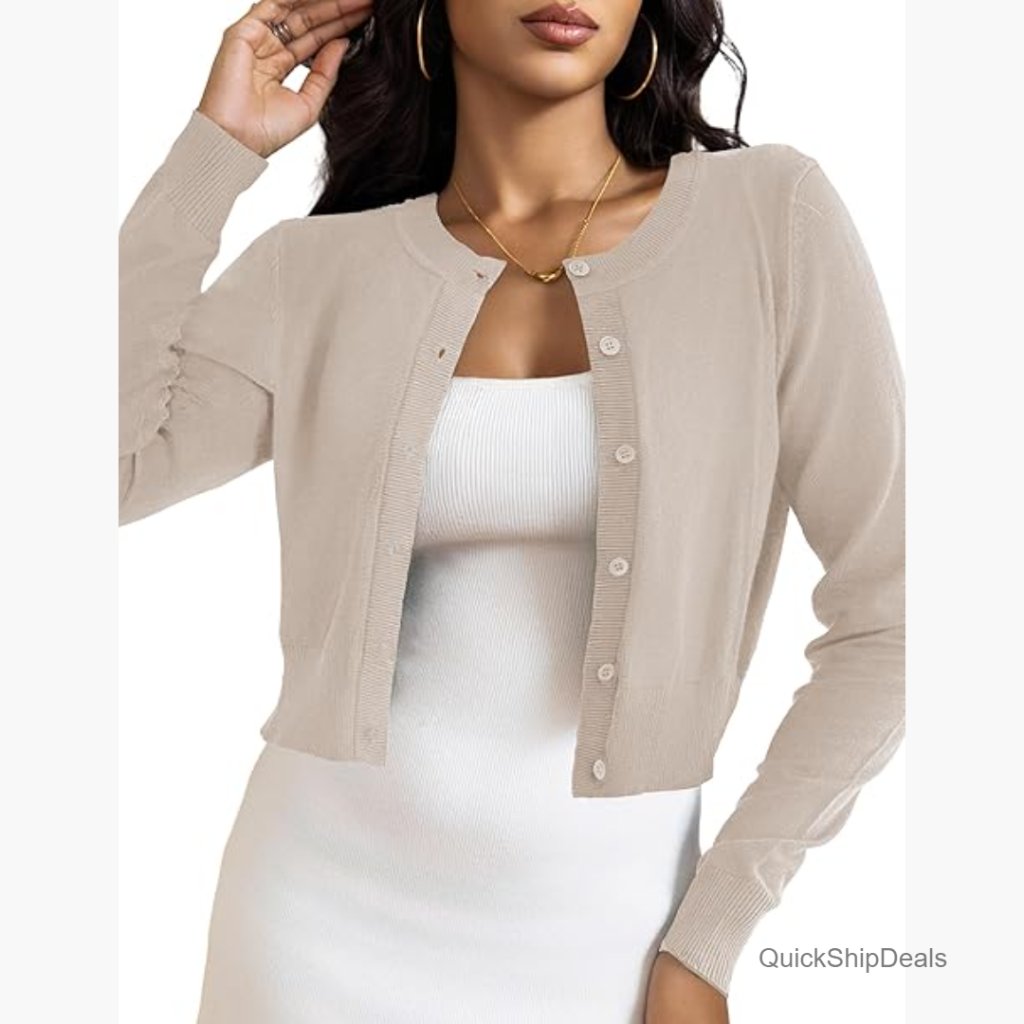 Cropped Cardigan Bolero Shrug Button Down Long Sleeve Knit Sweater